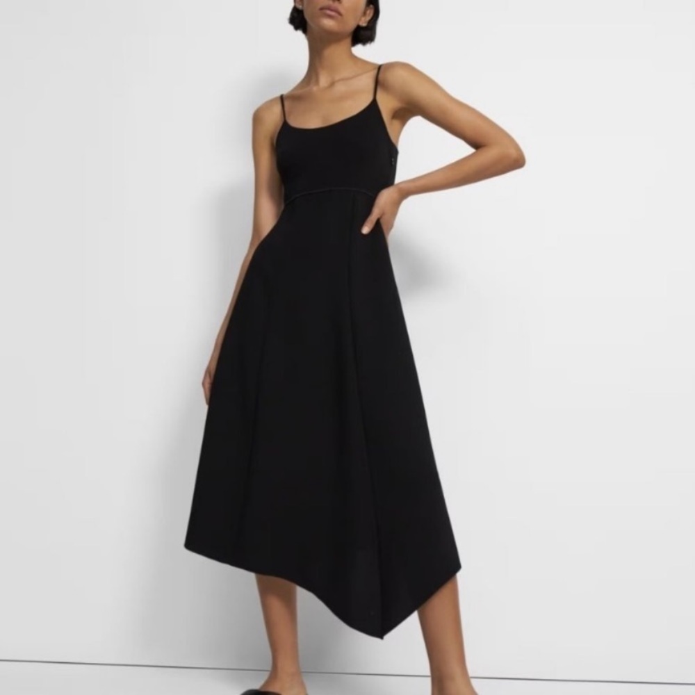 Theory Black Flared Crepe Slip Midi Dress